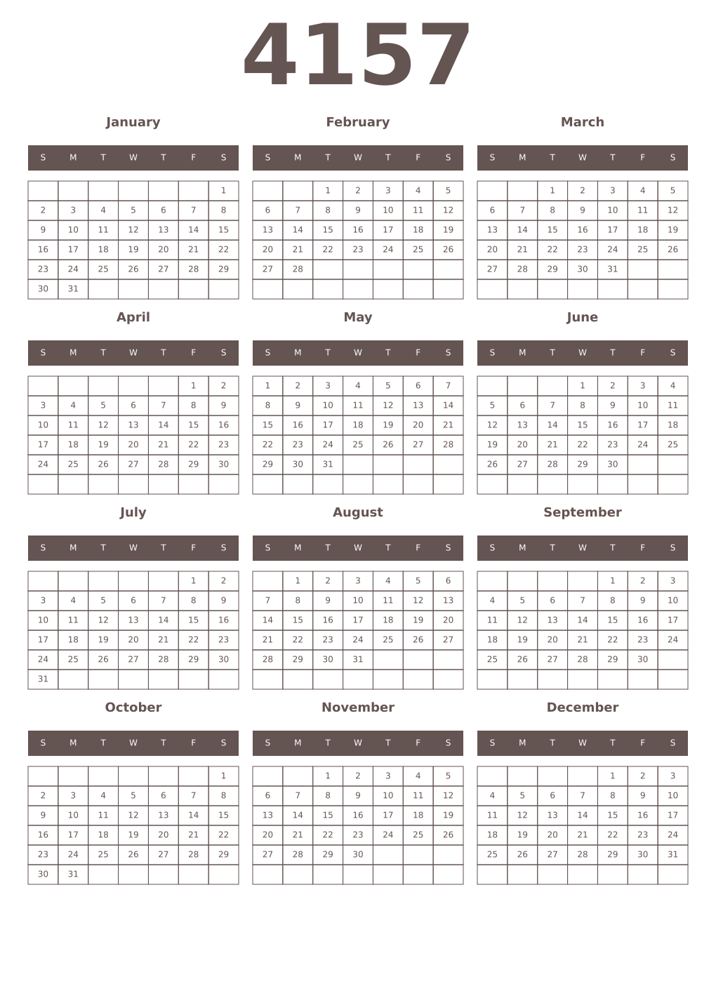 Printable 4157 Year Calendars wenge