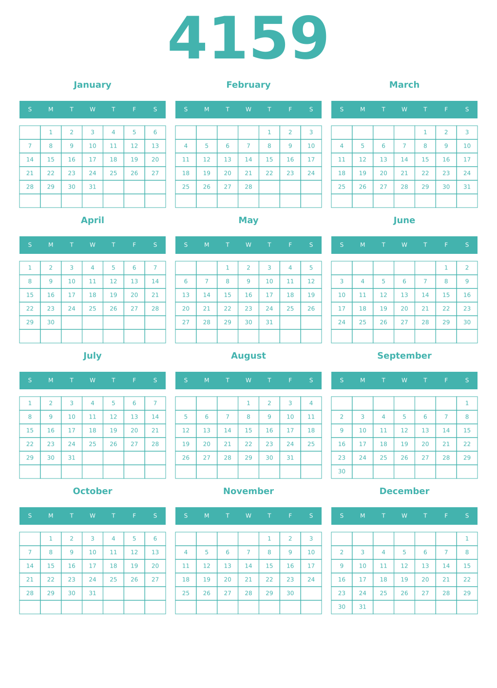 Printable 4159 Year Calendars verdigris
