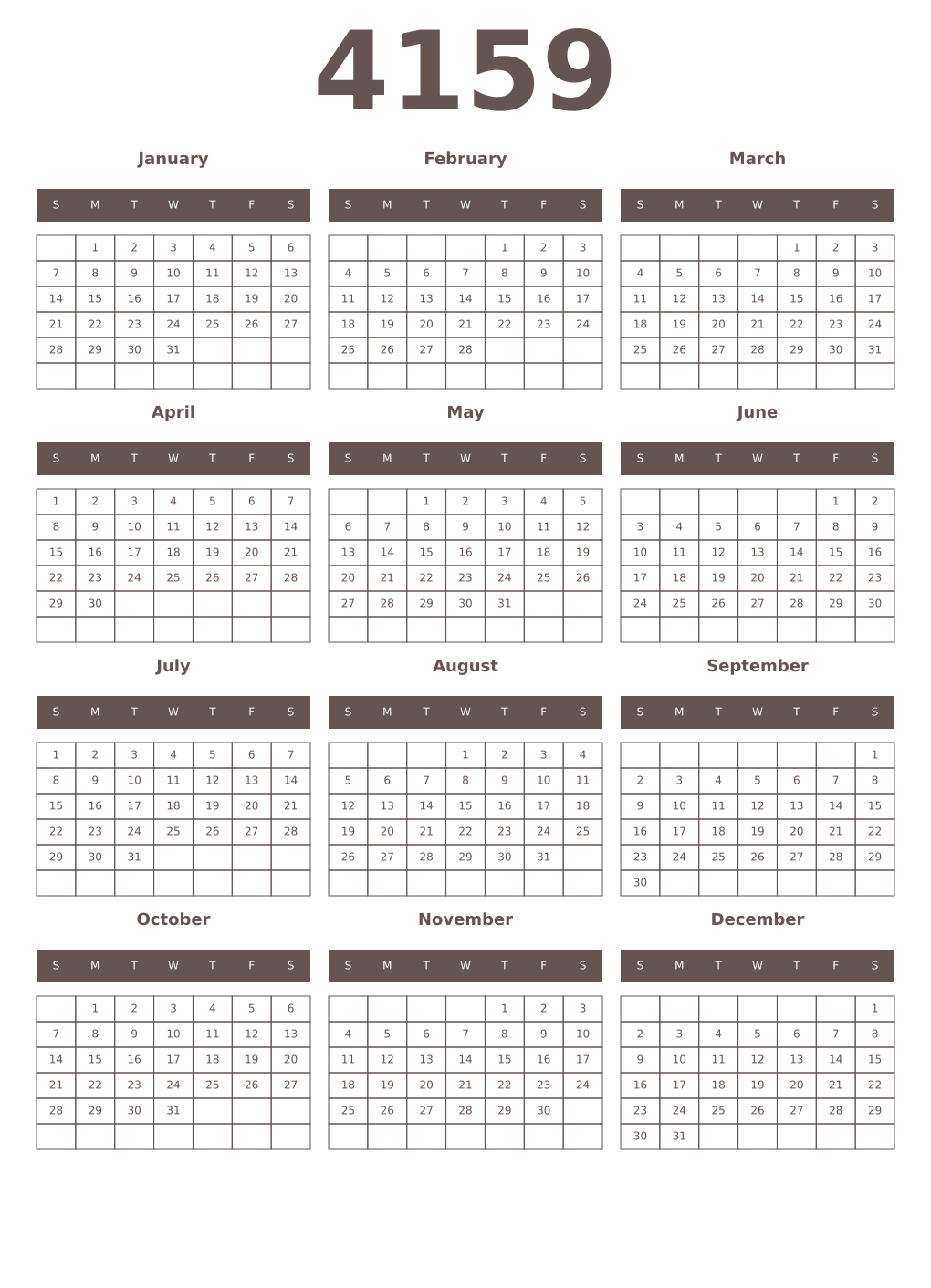 Printable 4159 Year Calendars wenge