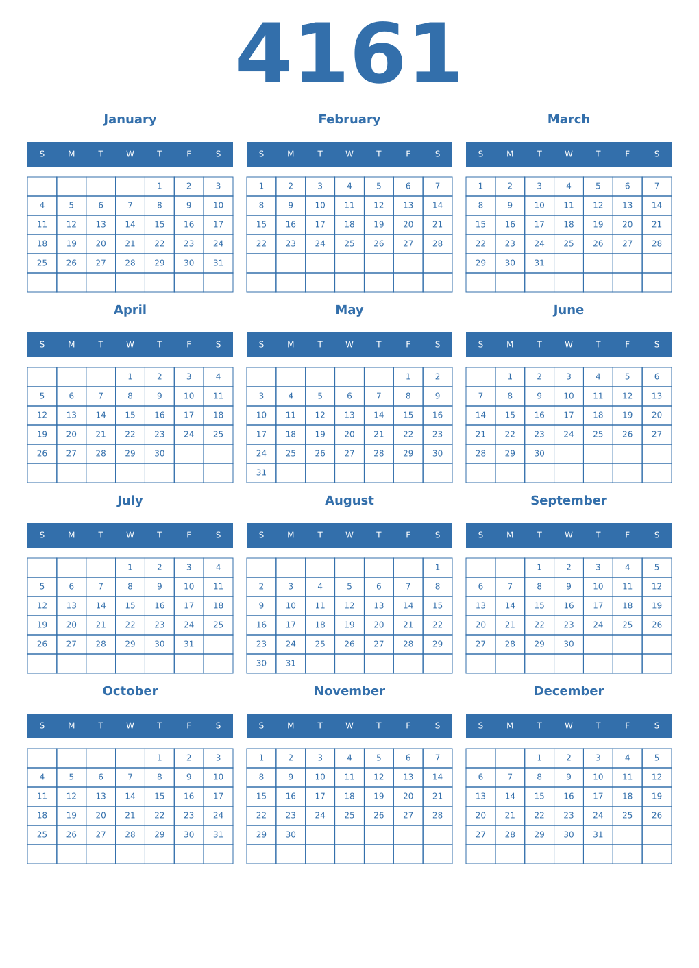 Printable 4161 Year Calendars blue