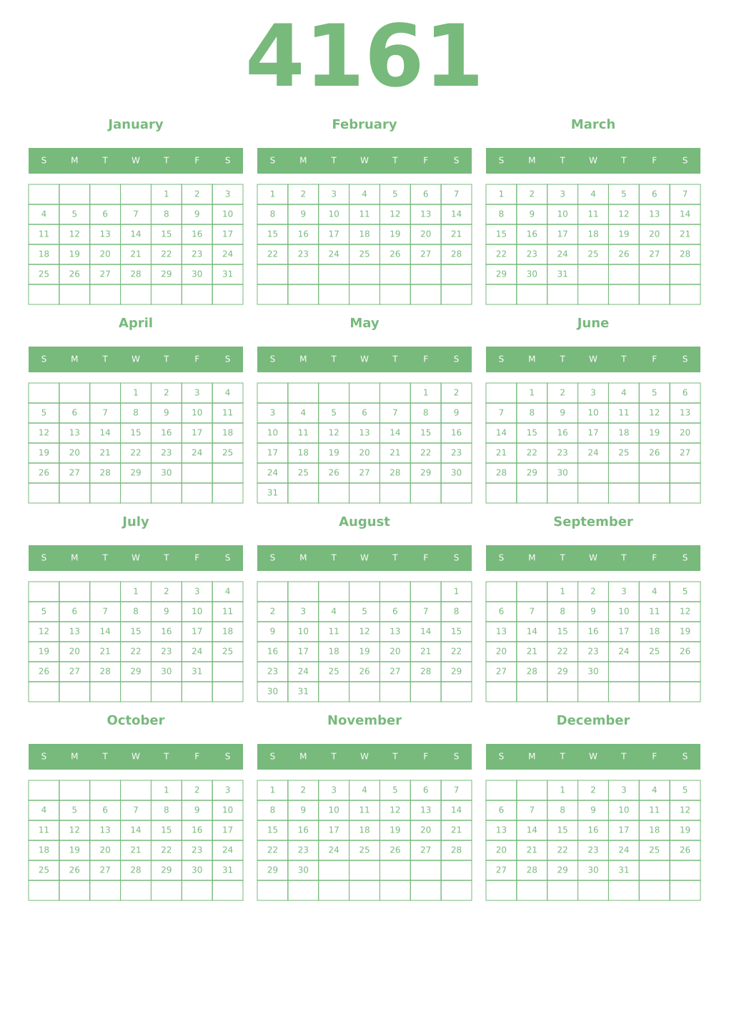 Printable 4161 Year Calendars celadon