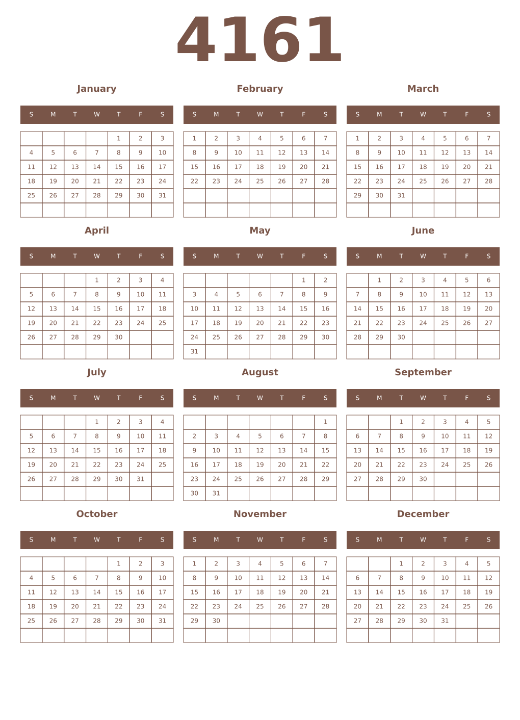 Printable 4161 Year Calendars coffe