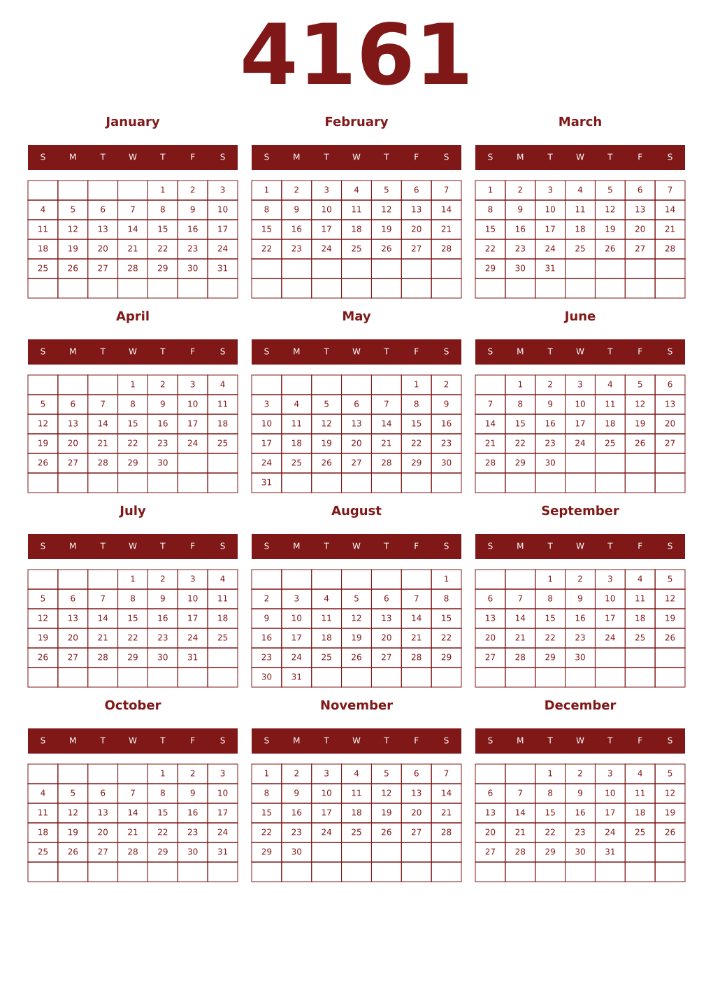 Printable 4161 Year Calendars falu