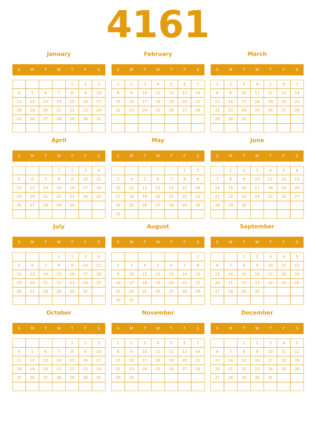 Printable 4161 Year Calendars gamboge