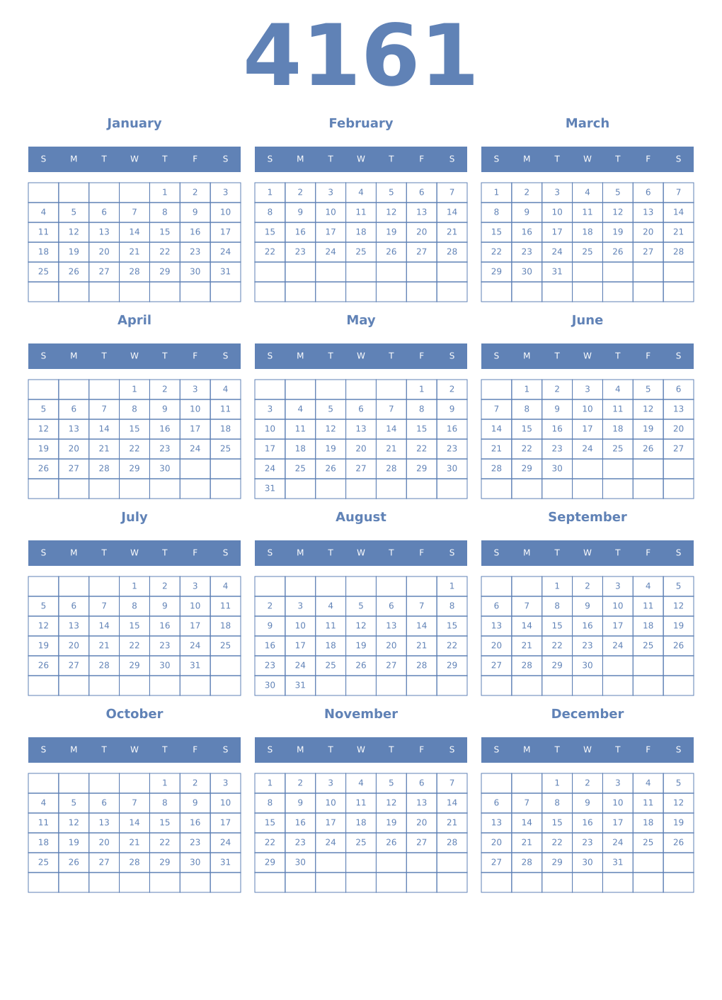Printable 4161 Year Calendars glaucous
