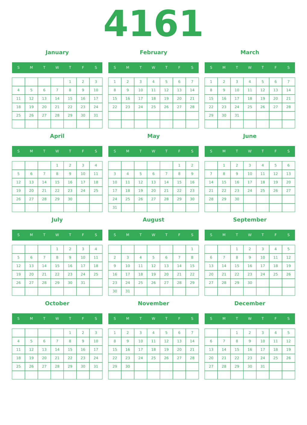 Printable 4161 Year Calendars green