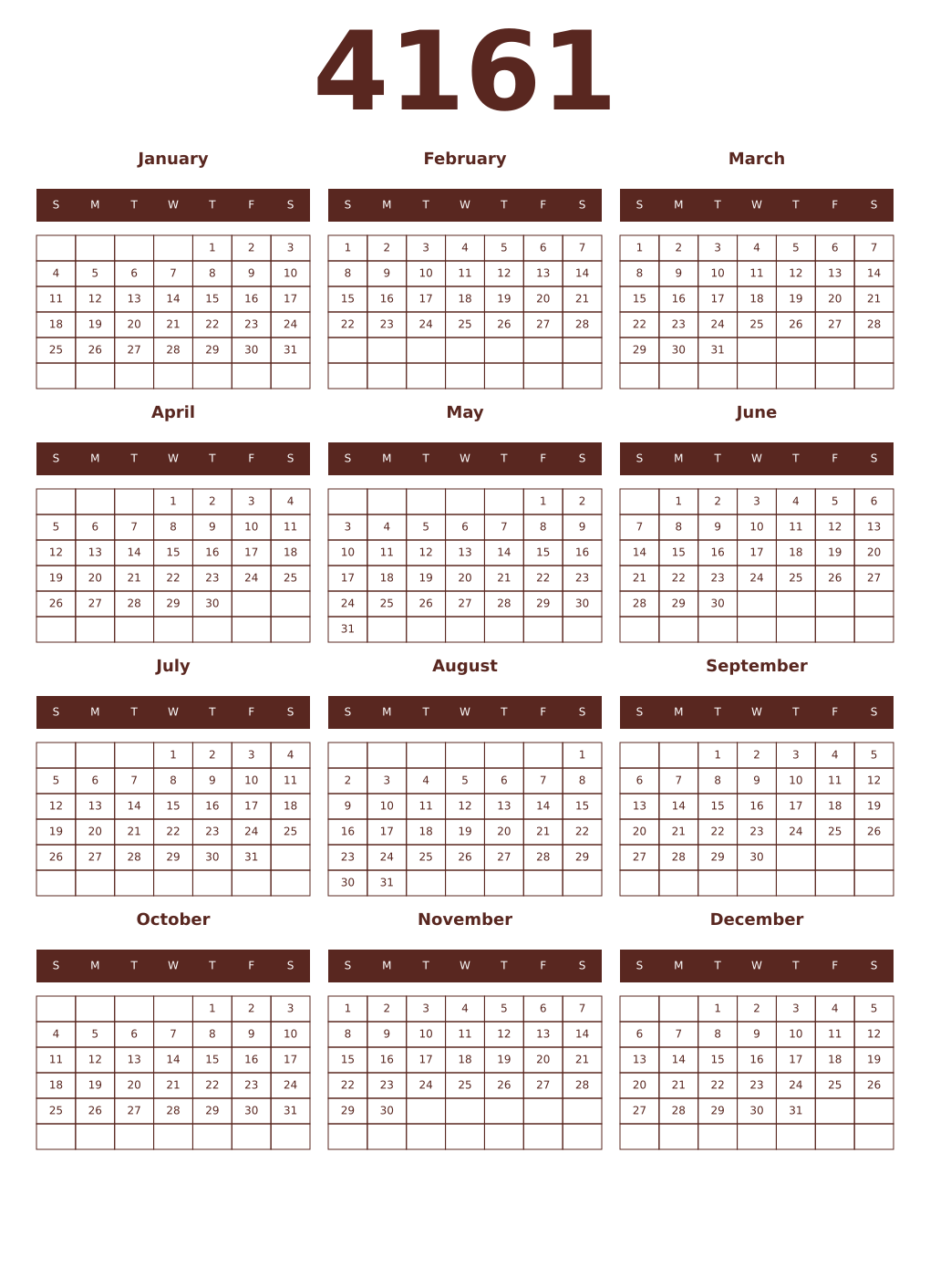 Printable 4161 Year Calendars mortuum