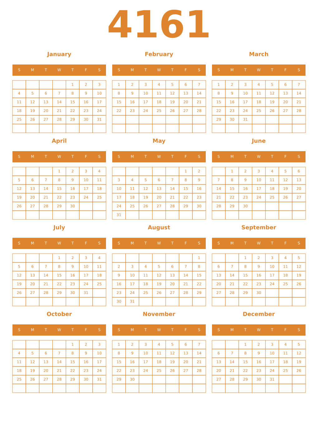 Printable 4161 Year Calendars orange