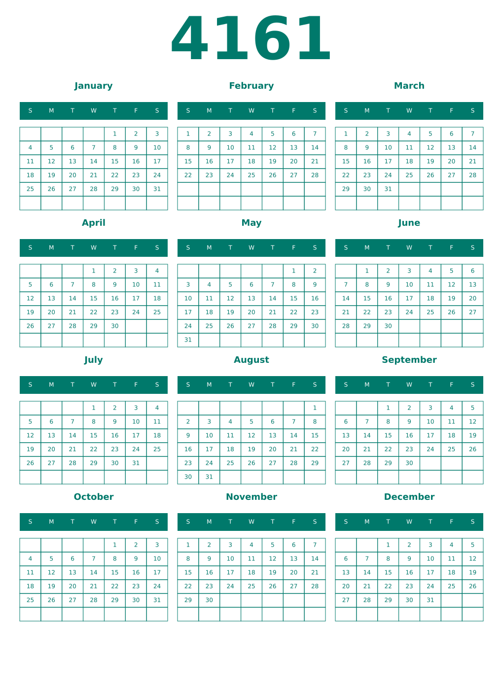 Printable 4161 Year Calendars pastel