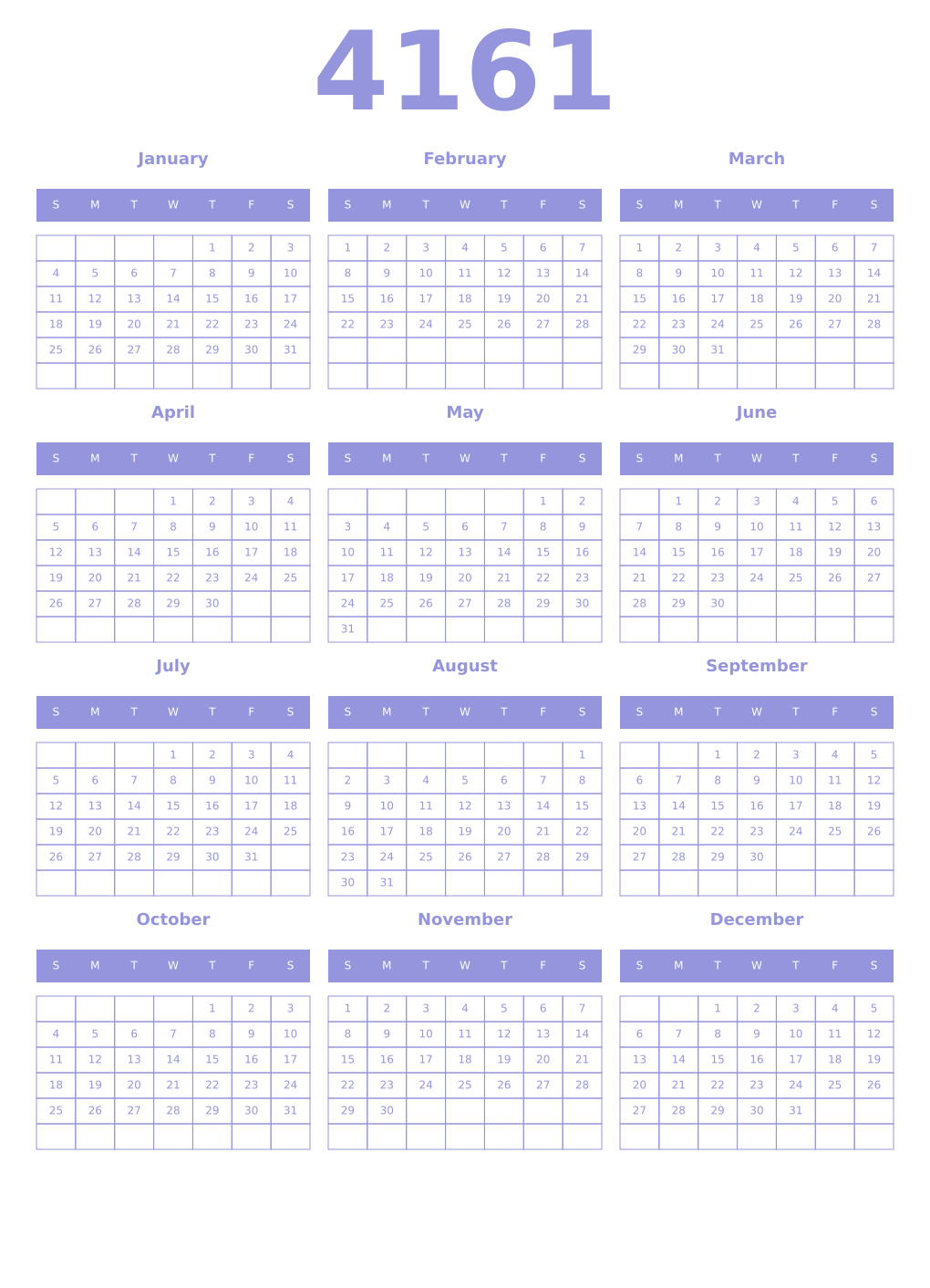 Printable 4161 Year Calendars periwinkle