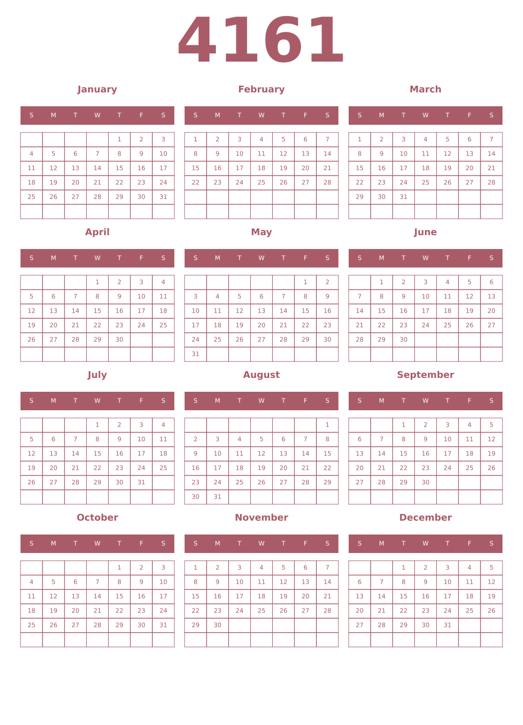 Printable 4161 Year Calendars puce