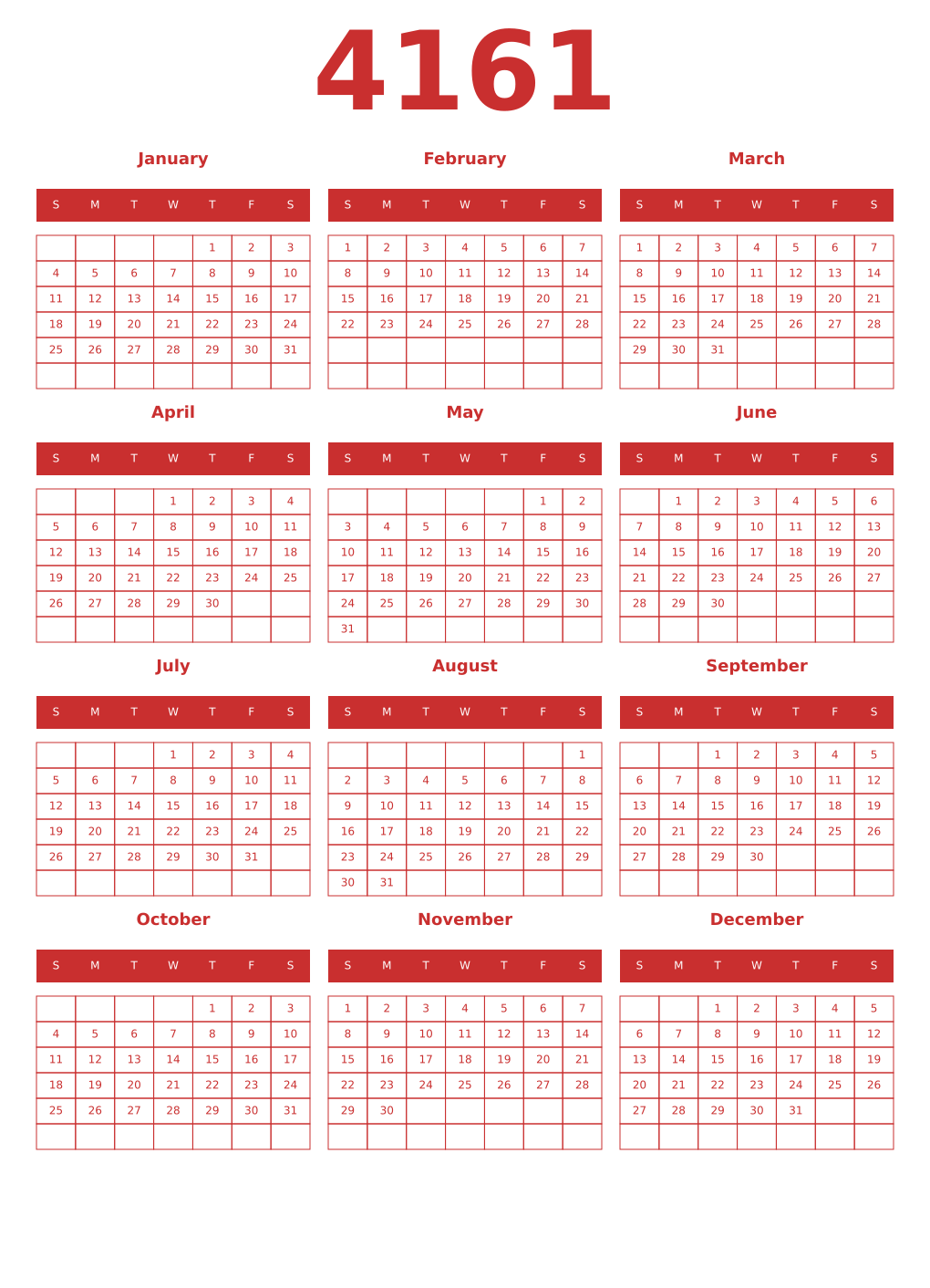 Printable 4161 Year Calendars red