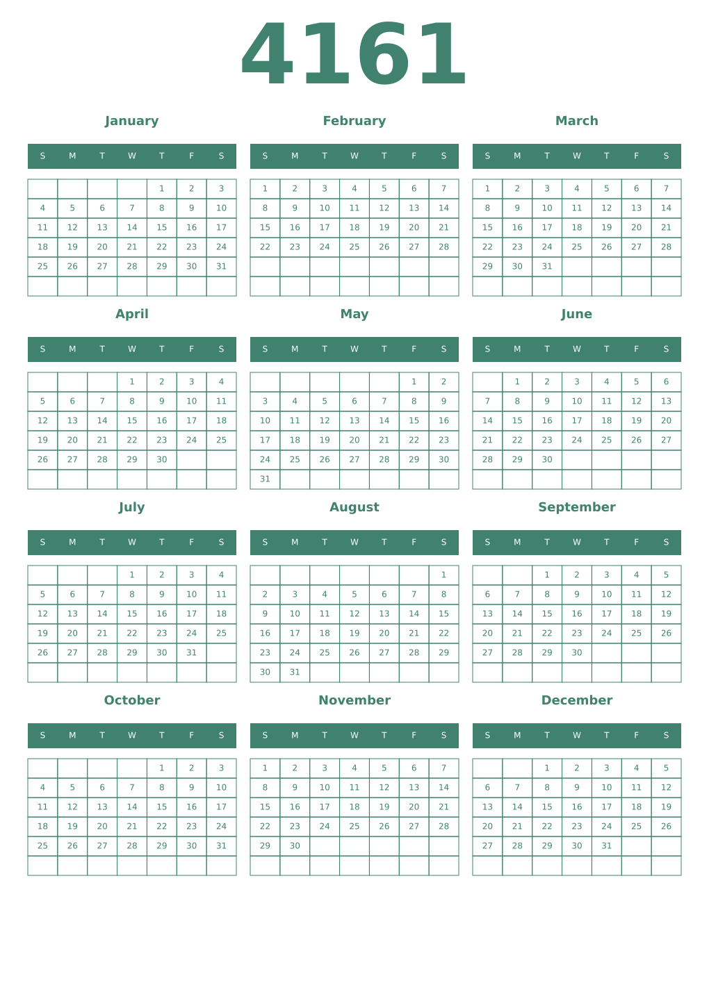 Printable 4161 Year Calendars viridian