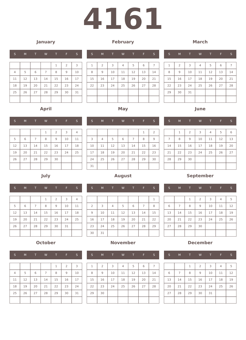 Printable 4161 Year Calendars wenge