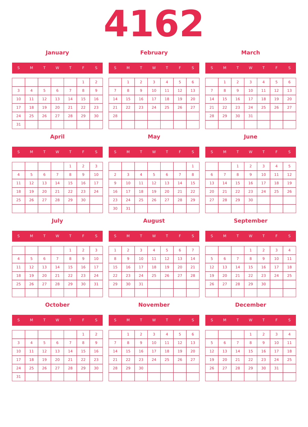 Printable 4162 Year Calendars amaranth