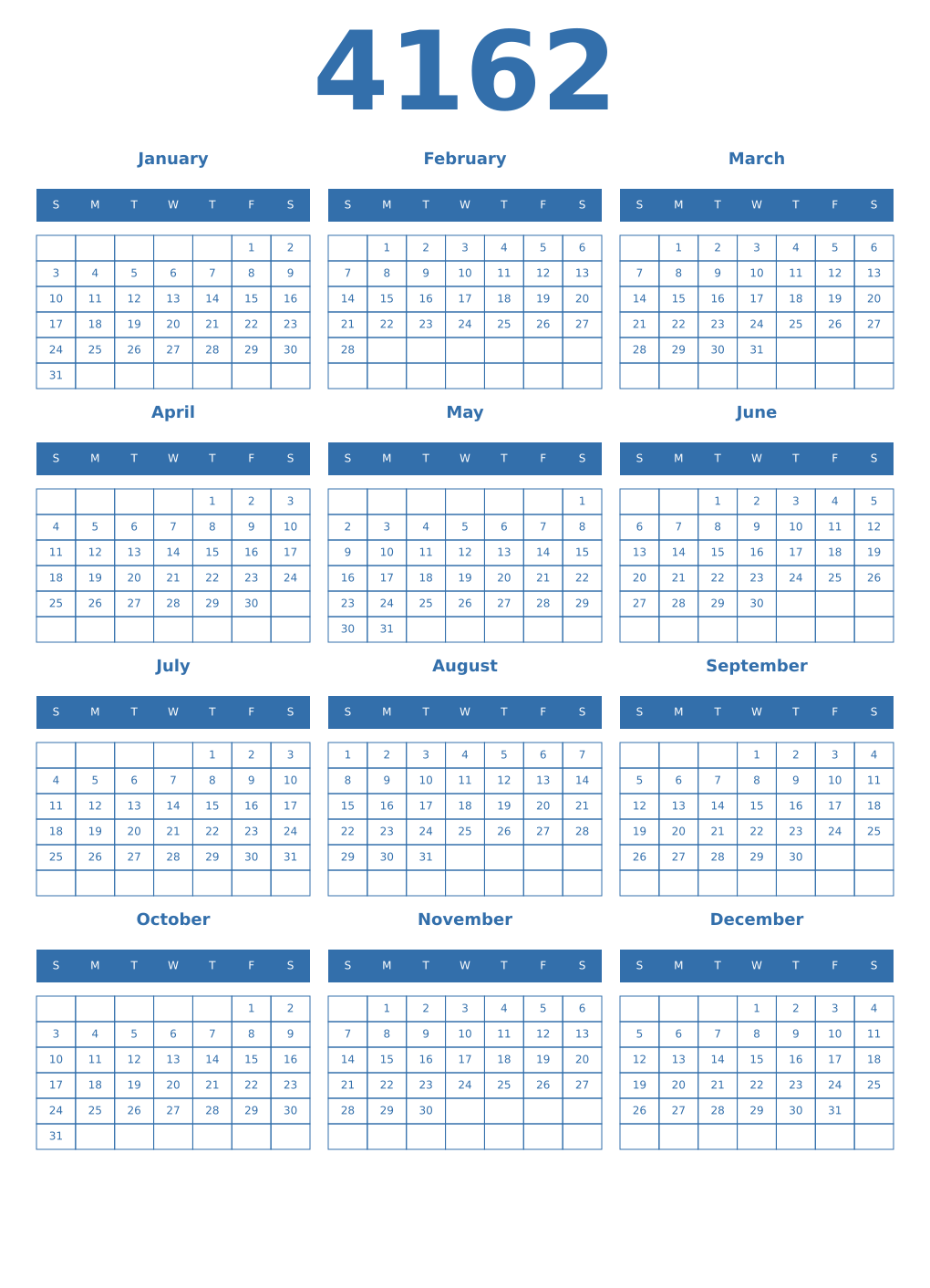 Printable 4162 Year Calendars blue