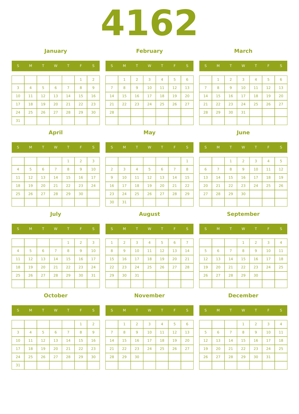 Printable 4162 Year Calendars chartreuse