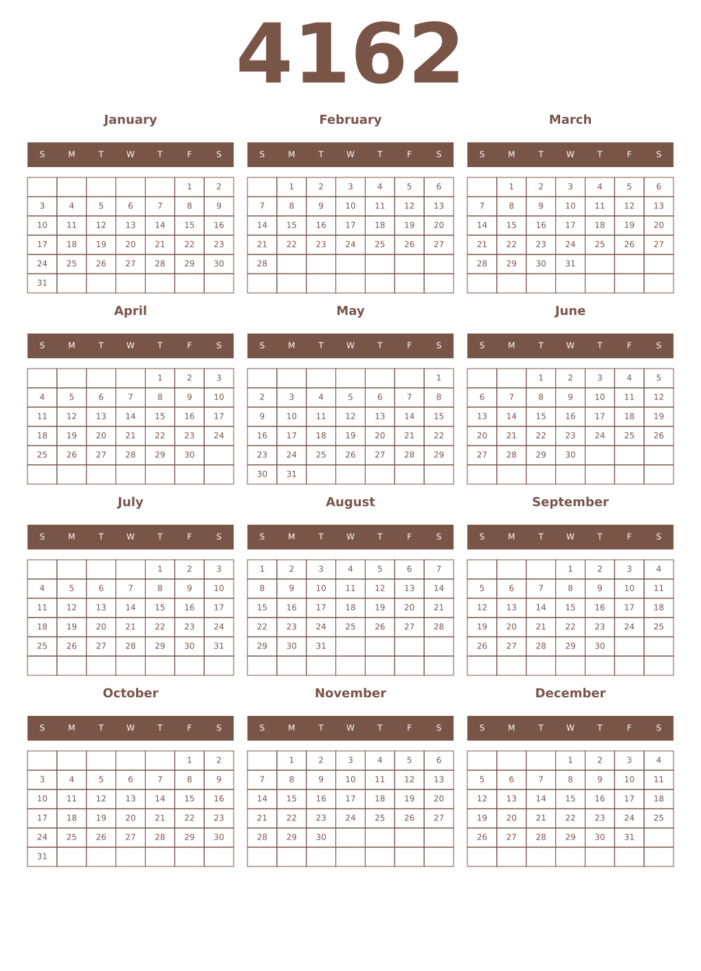 Printable 4162 Year Calendars coffe