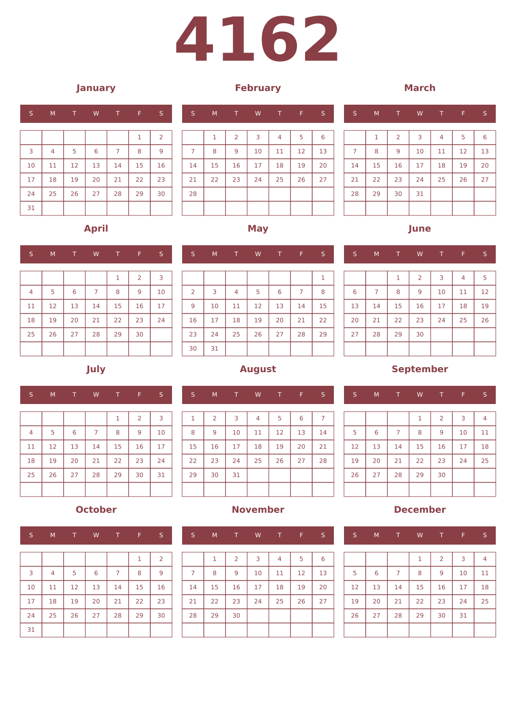Printable 4162 Year Calendars cordovan