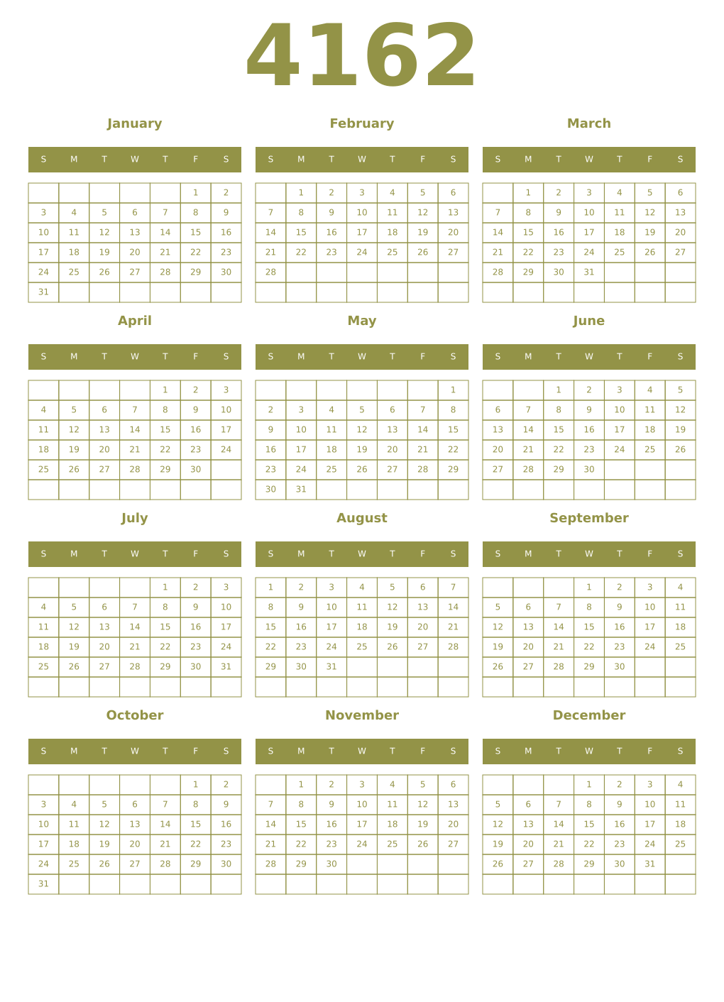 Printable 4162 Year Calendars eburnean