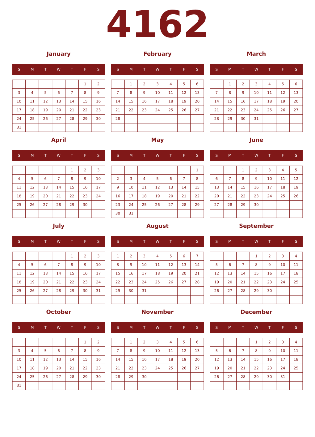Printable 4162 Year Calendars falu