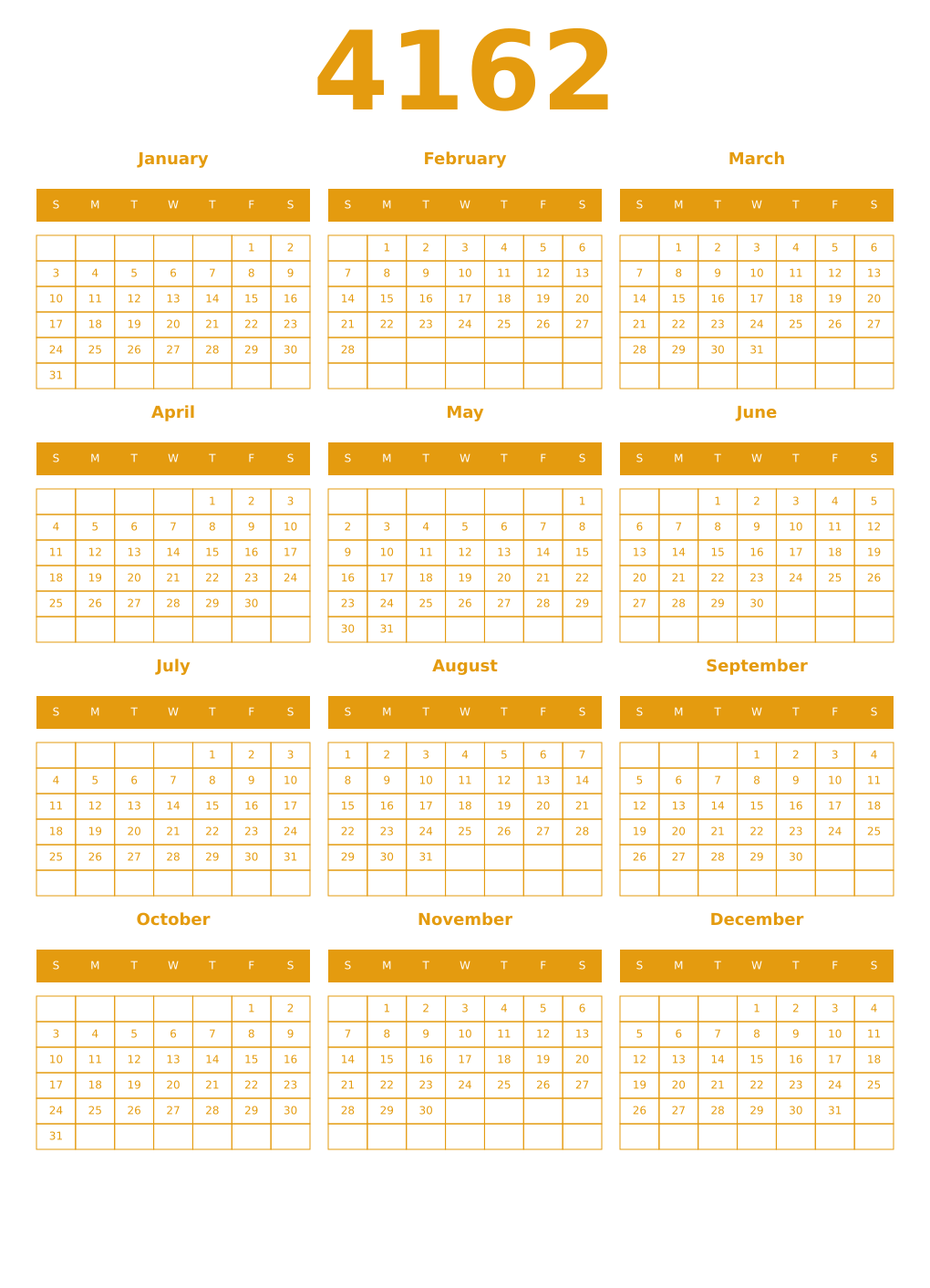 Printable 4162 Year Calendars gamboge