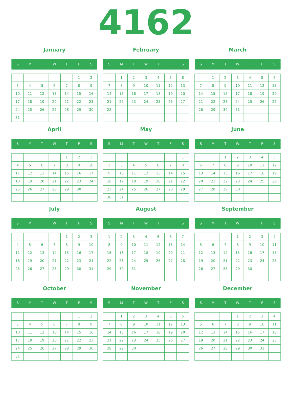 Printable 4162 Year Calendars green