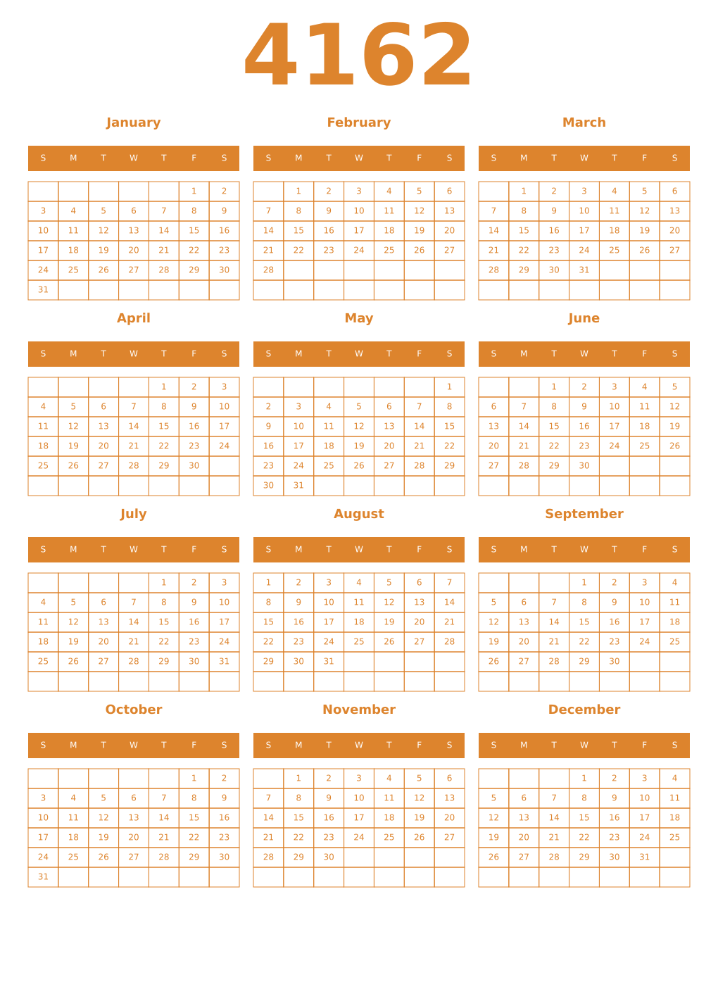 Printable 4162 Year Calendars orange