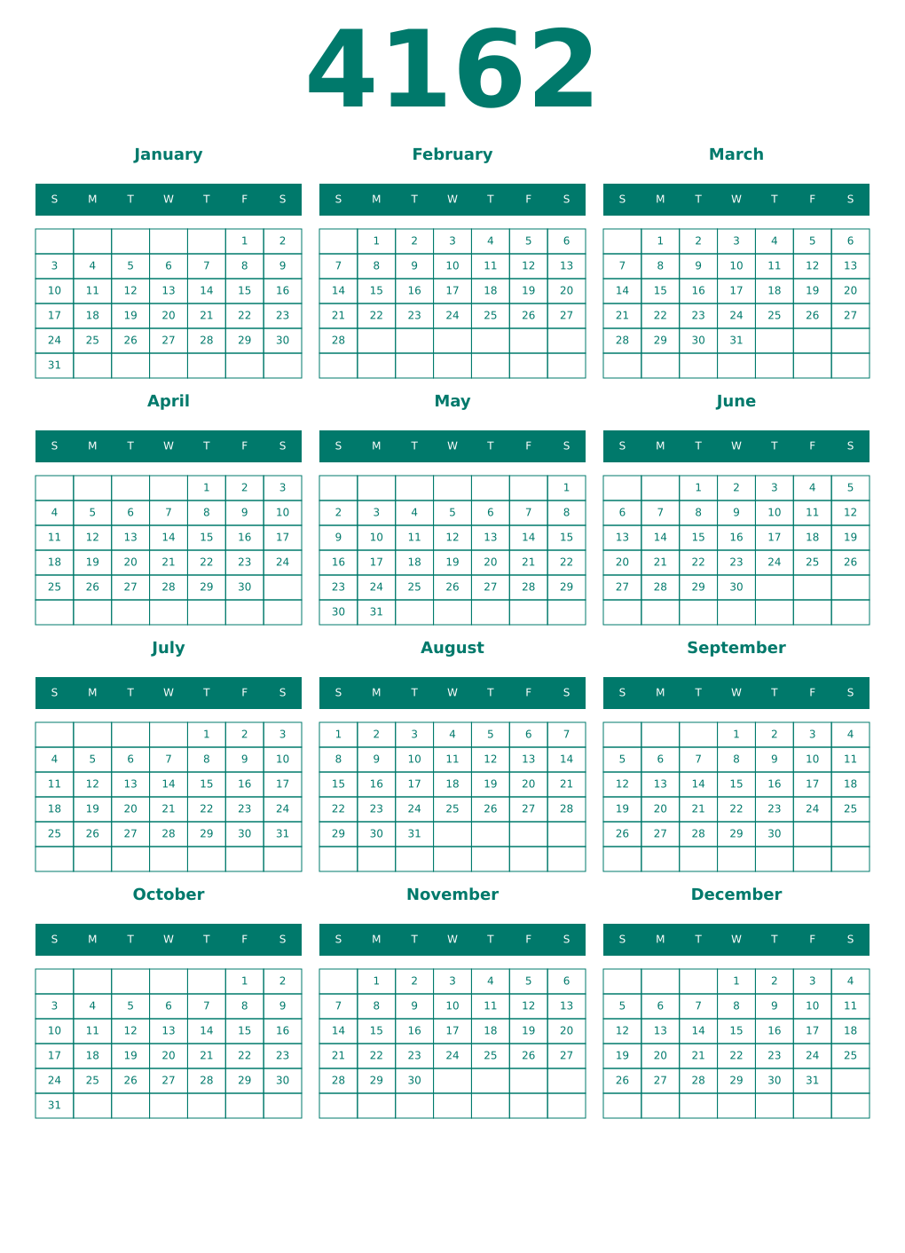 Printable 4162 Year Calendars pastel