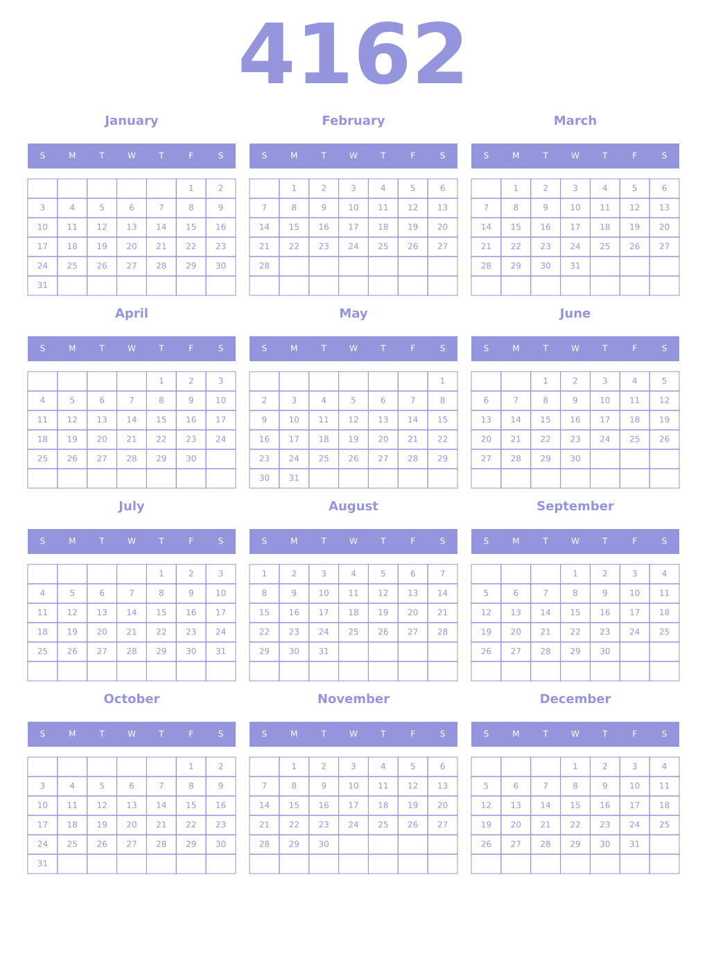 Printable 4162 Year Calendars periwinkle