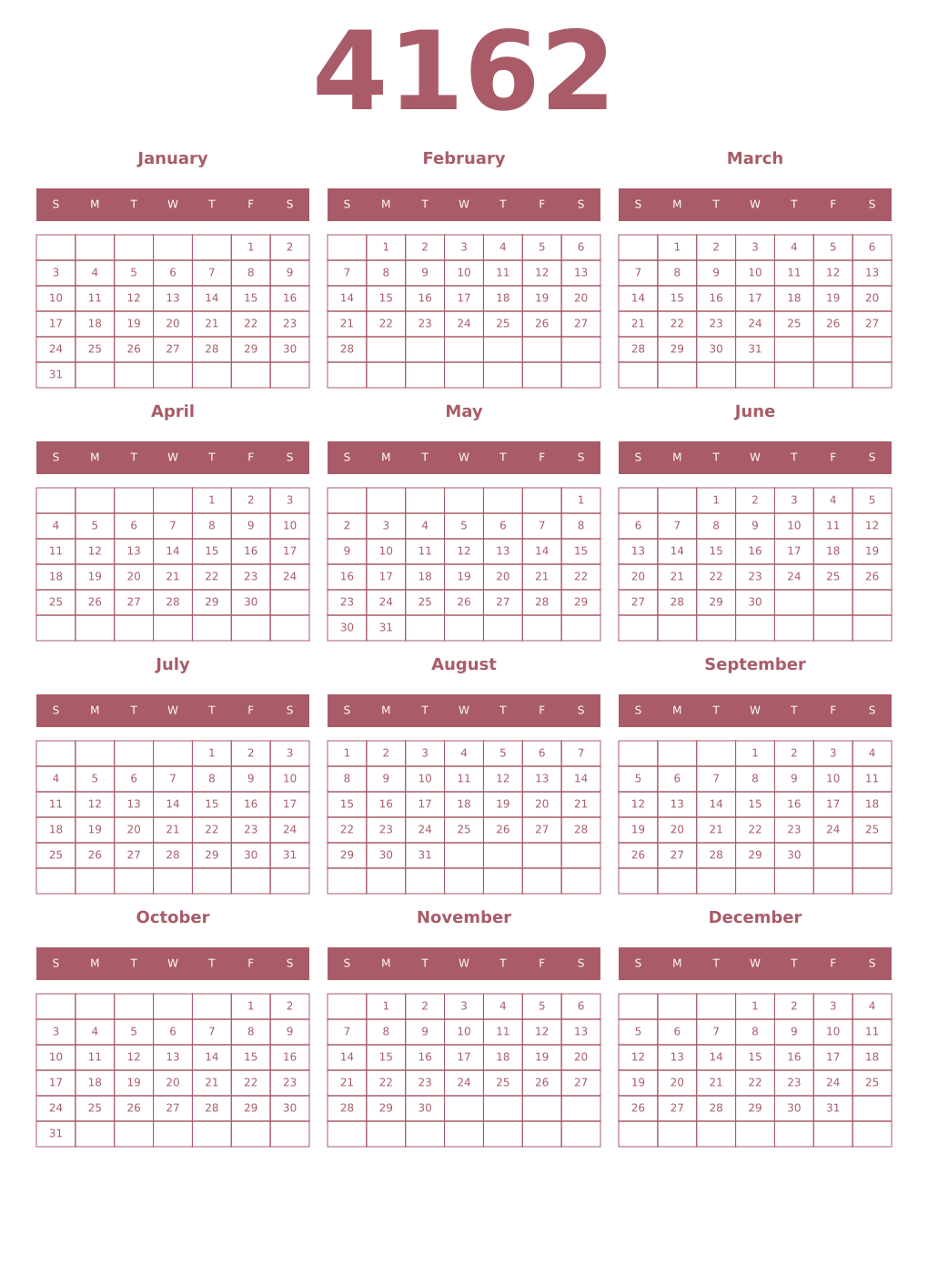 Printable 4162 Year Calendars puce