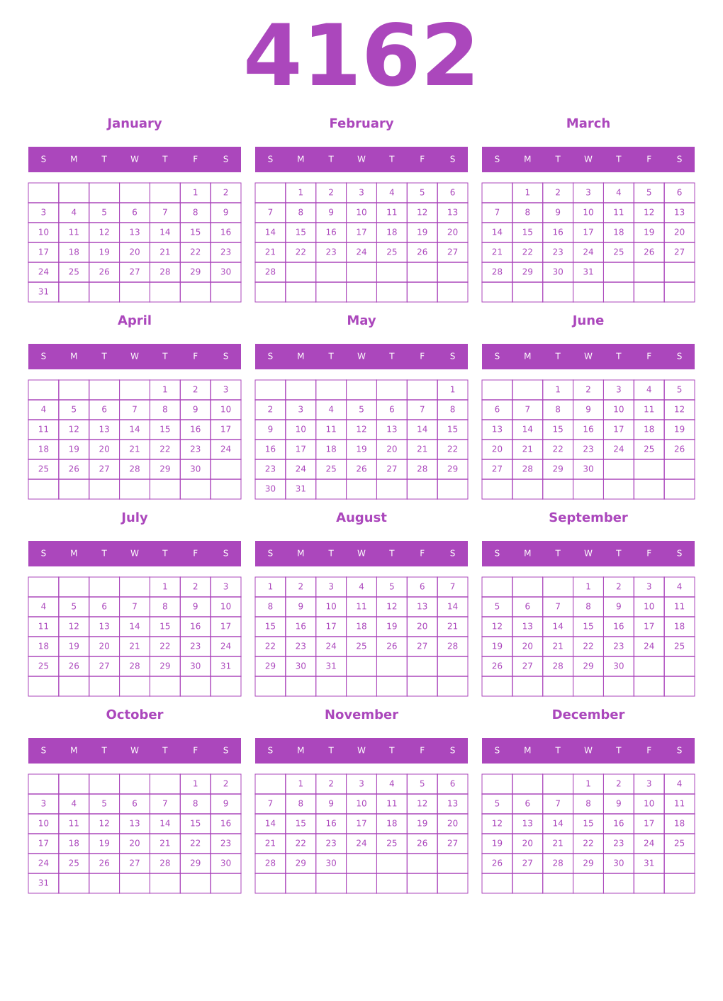 Printable 4162 Year Calendars purple