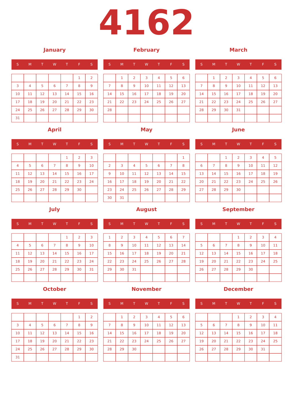 Printable 4162 Year Calendars red