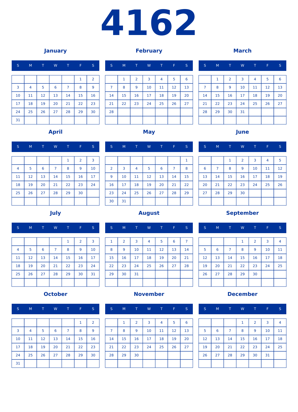 Printable 4162 Year Calendars smalt