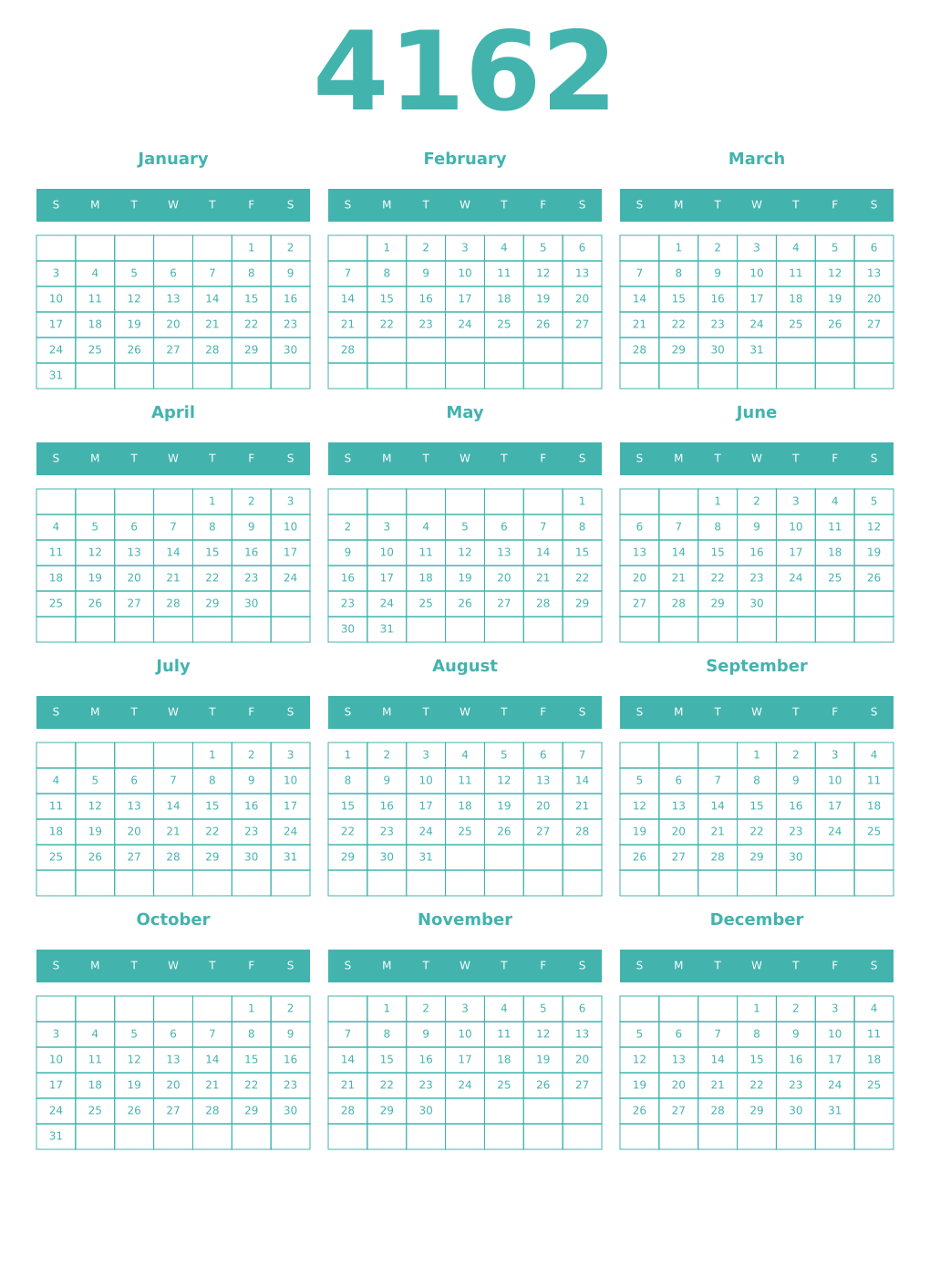 Printable 4162 Year Calendars verdigris