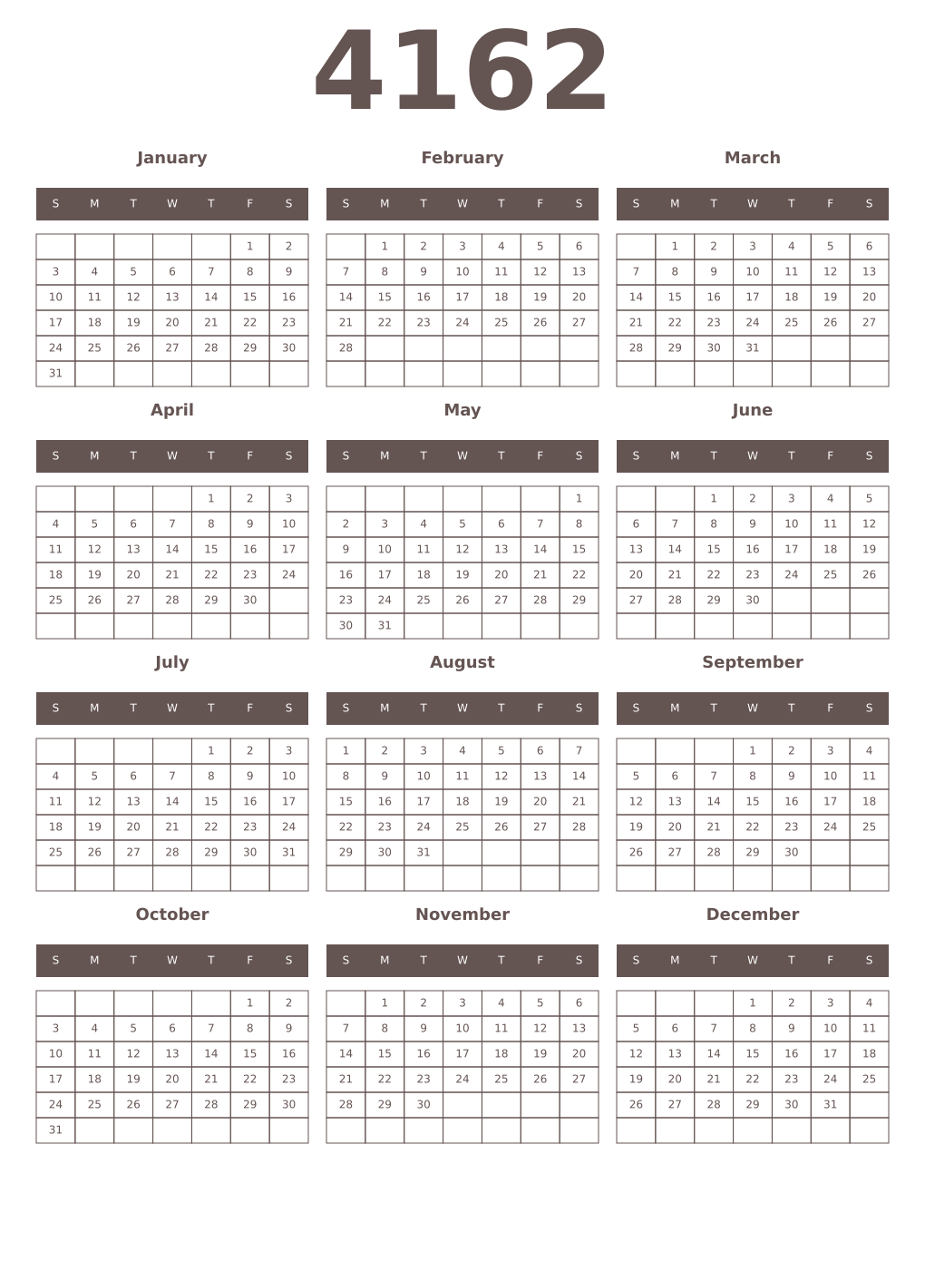 Printable 4162 Year Calendars wenge