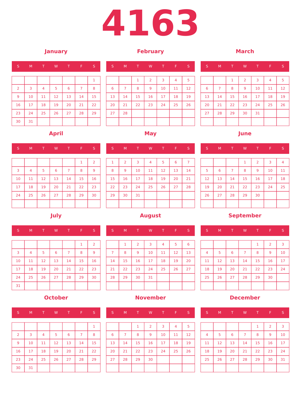 Printable 4163 Year Calendars amaranth