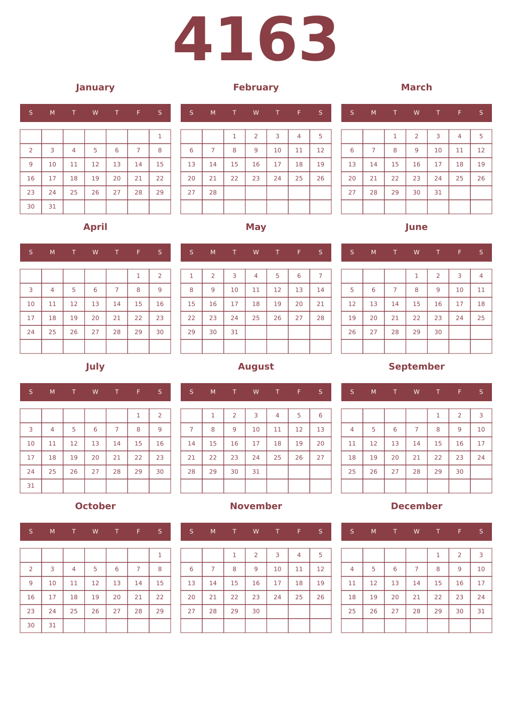 Printable 4163 Year Calendars cordovan