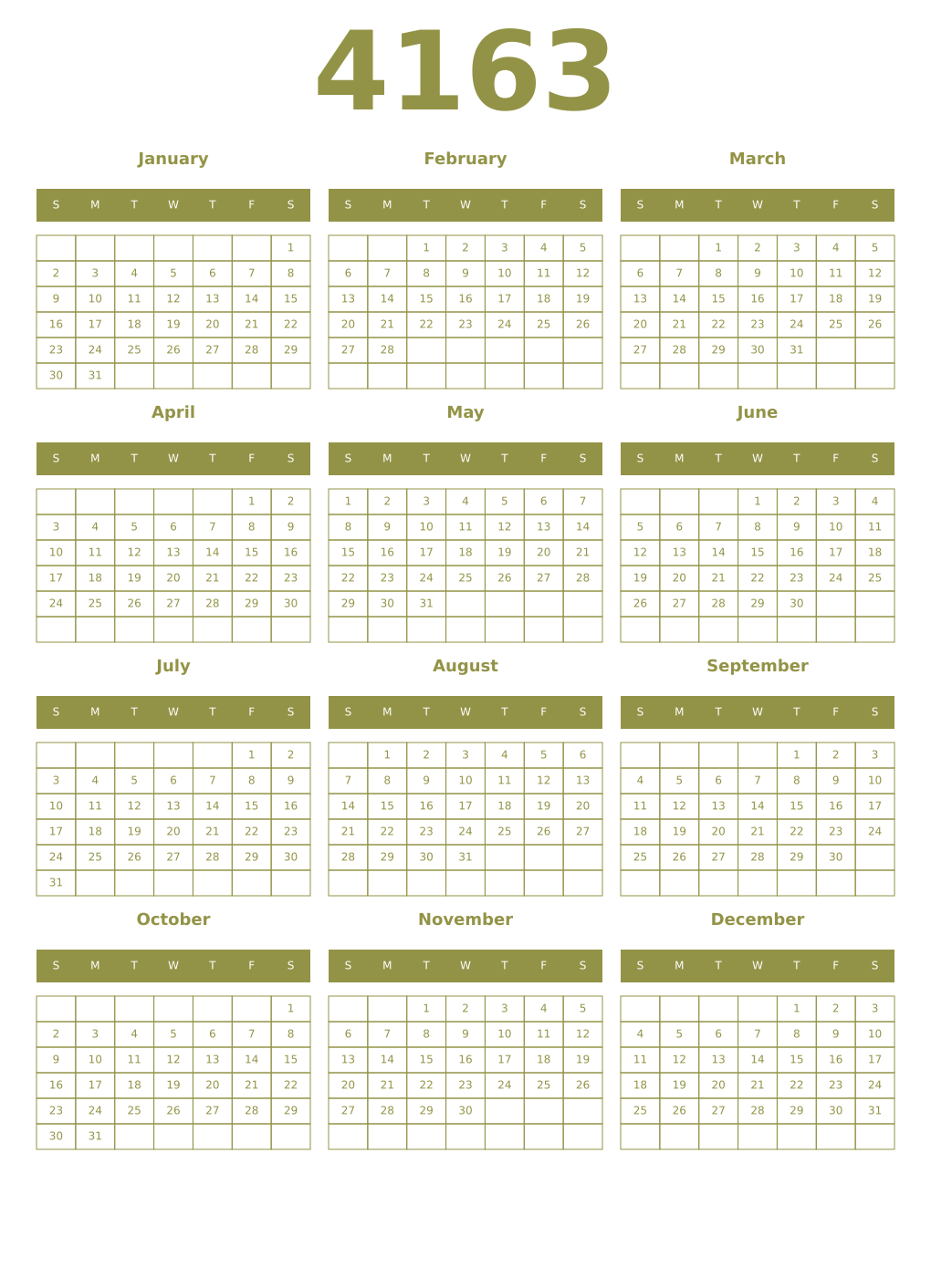 Printable 4163 Year Calendars eburnean