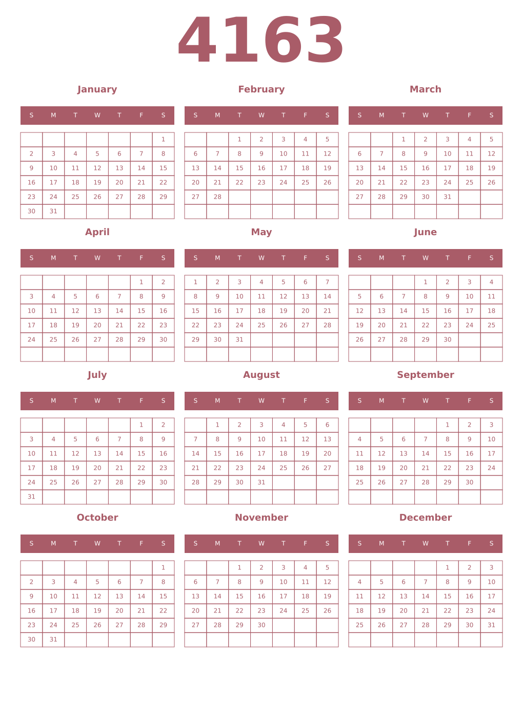 Printable 4163 Year Calendars puce