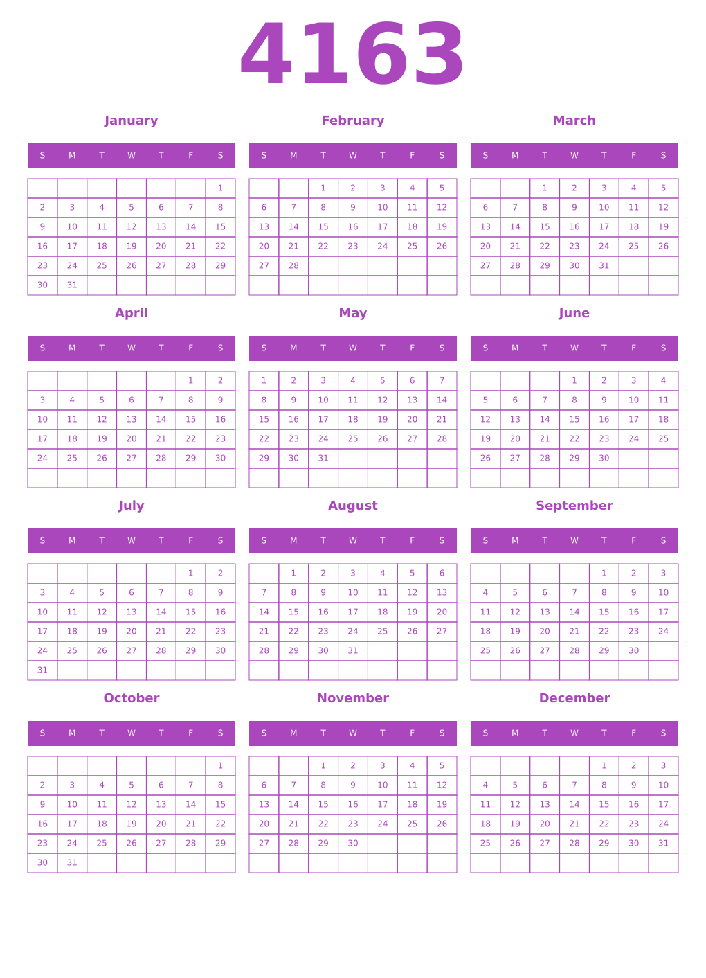 Printable 4163 Year Calendars purple