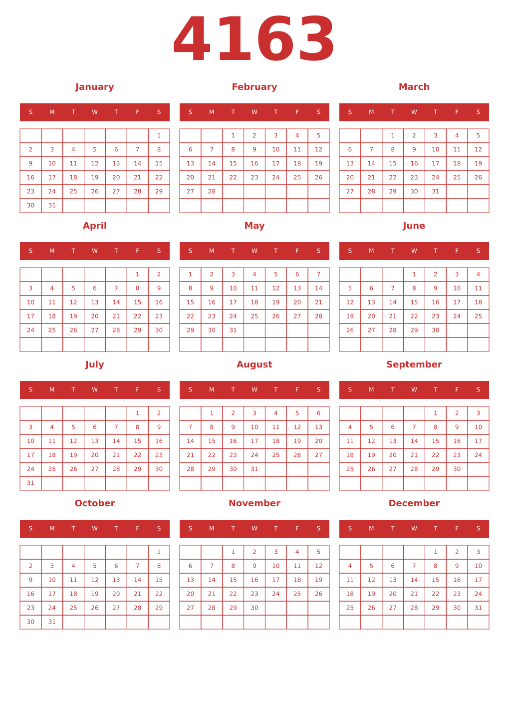 Printable 4163 Year Calendars red