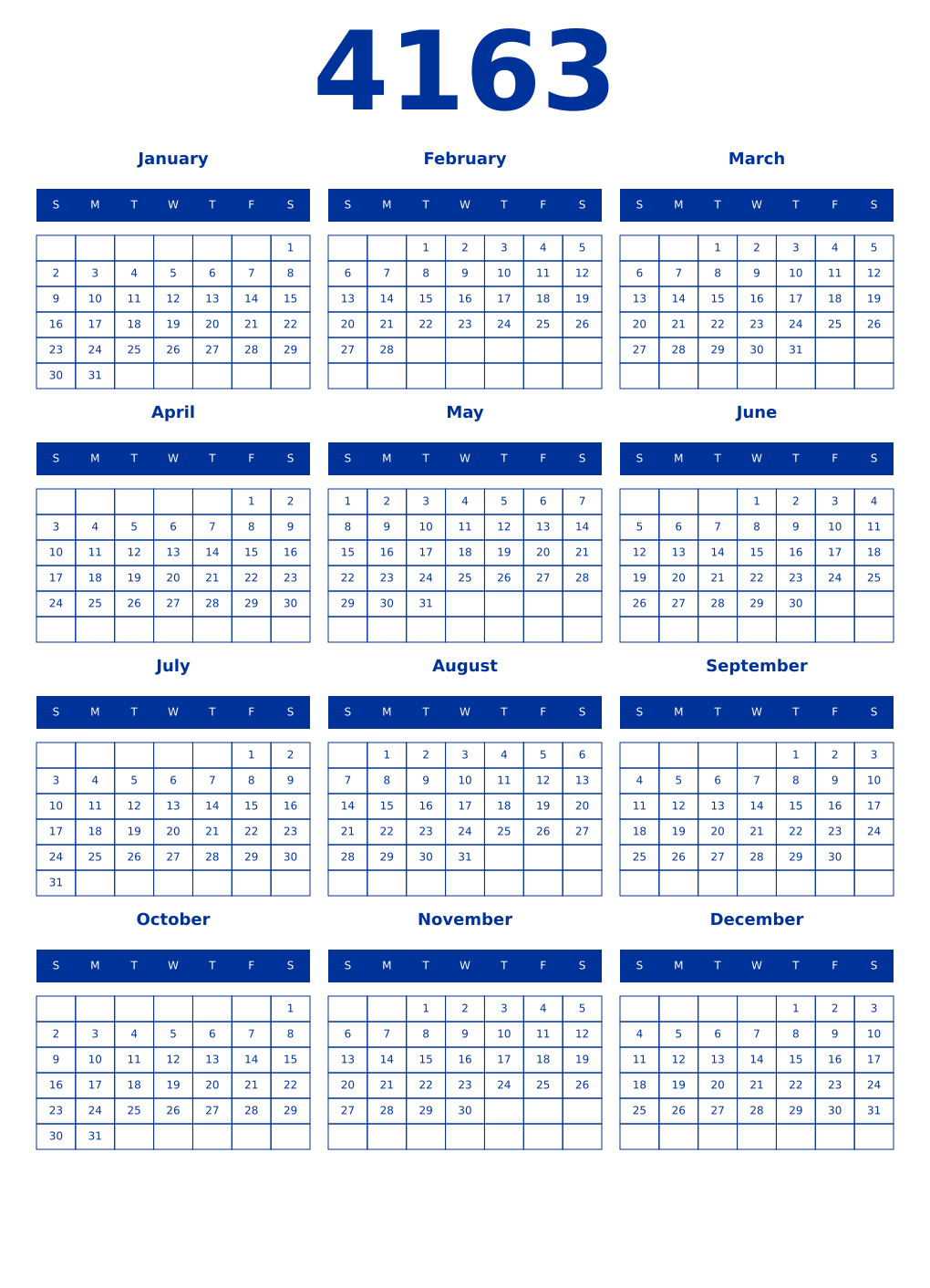 Printable 4163 Year Calendars smalt