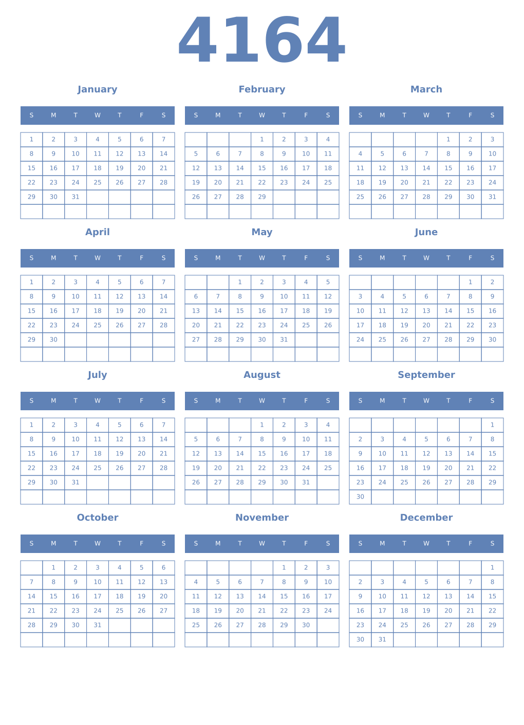 Printable 4164 Year Calendars glaucous