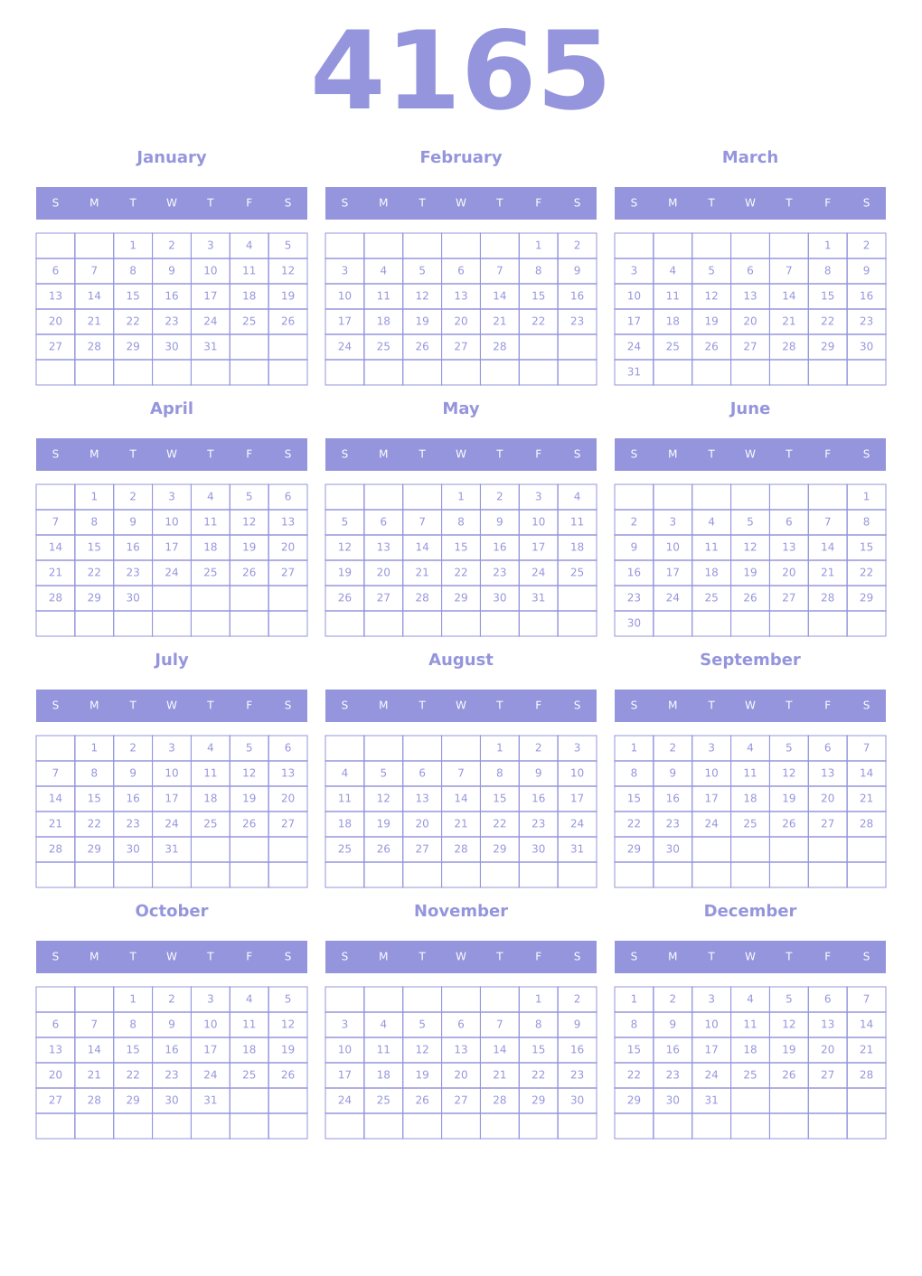 Printable 4165 Year Calendars periwinkle