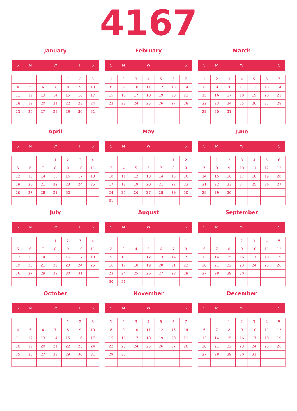 Printable 4167 Year Calendars amaranth