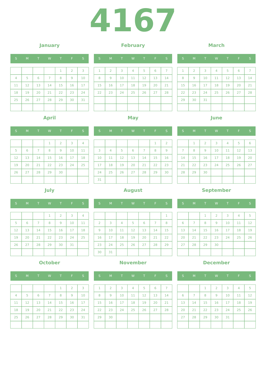 Printable 4167 Year Calendars celadon