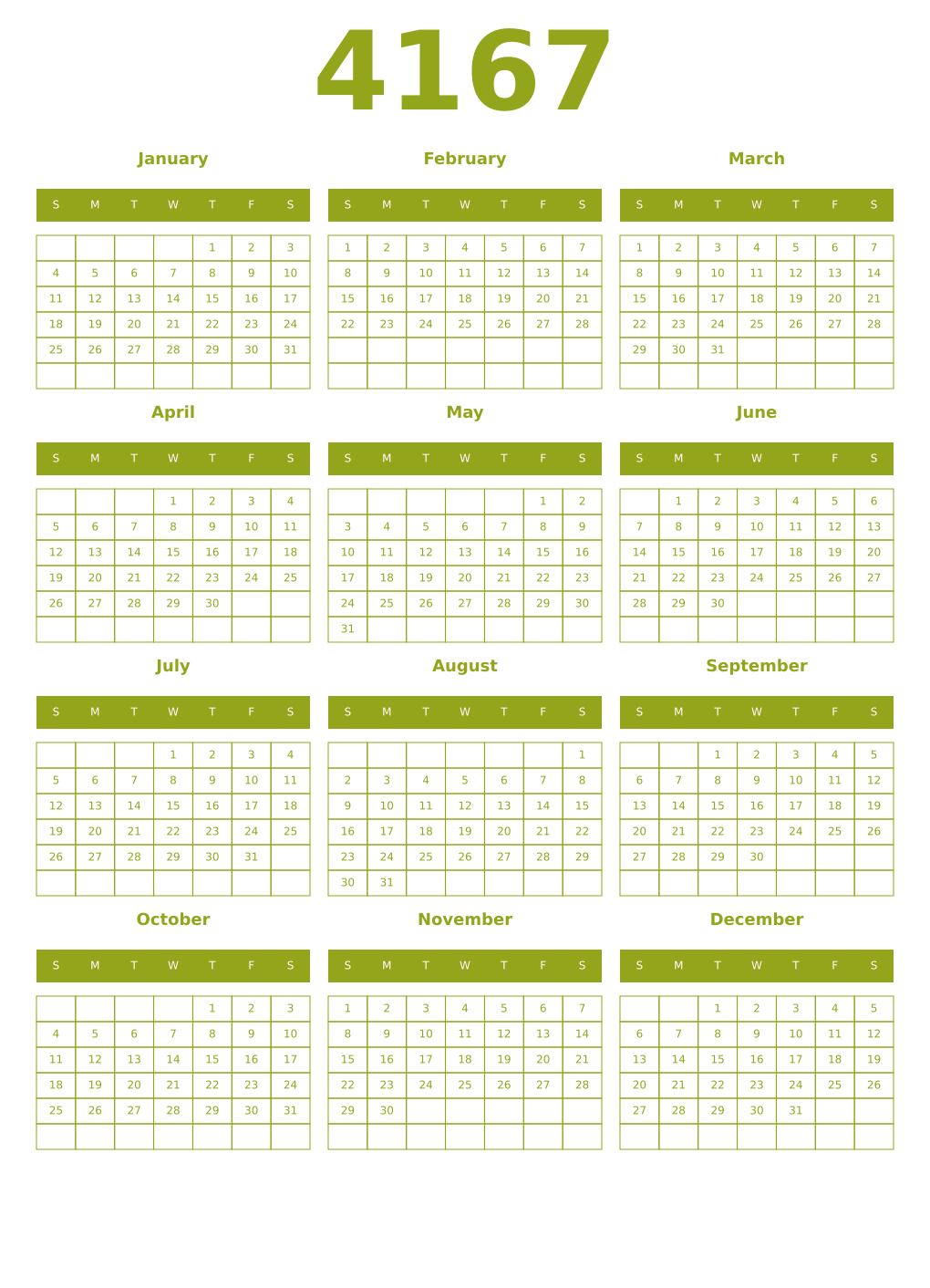 Printable 4167 Year Calendars chartreuse