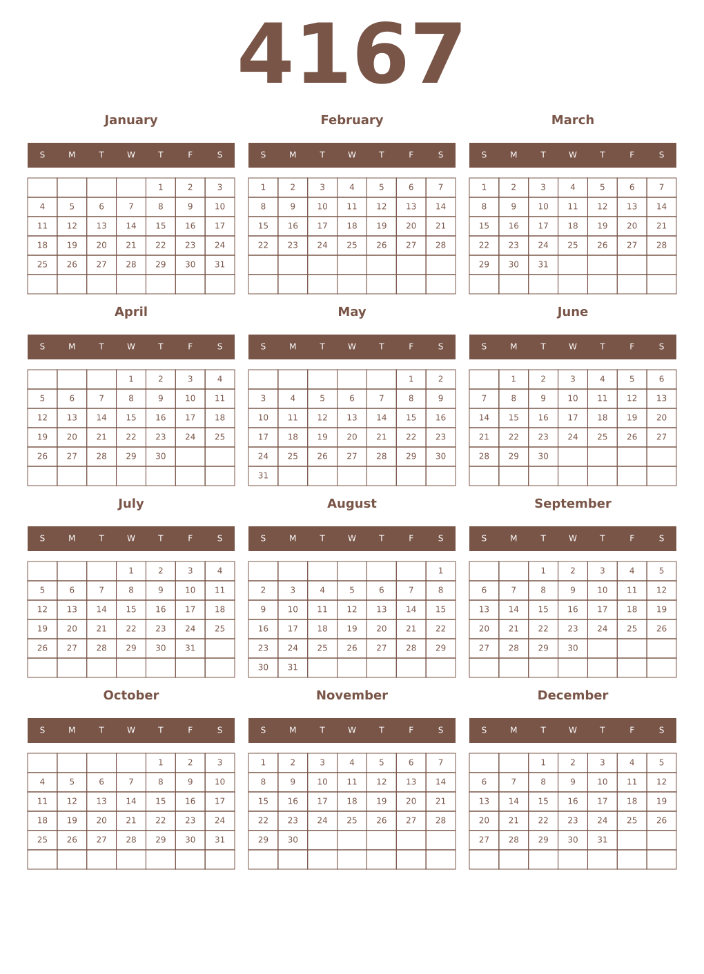 Printable 4167 Year Calendars coffe
