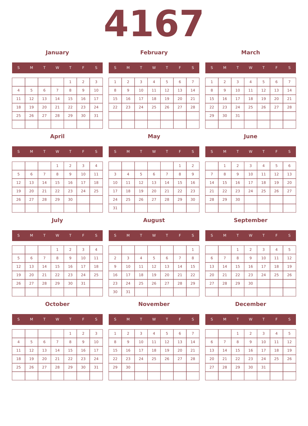 Printable 4167 Year Calendars cordovan